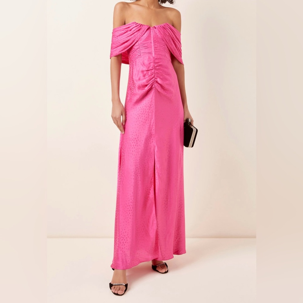 Self-Portrait Off the Shoulder Pink Ruched Satin Maxi Dress- NWT